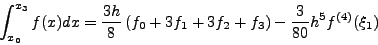 \begin{displaymath}\int_{x_0}^{x_2}f(x)dx = \frac{h}{3}\left(f_0+4f_1+f_2
\right)-\frac{1}{90}h^5 f^{(4)}(\xi_1) \end{displaymath}