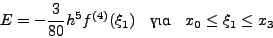 \begin{displaymath}
\int_{x_0}^{x_3}f(x) dx \rightarrow
\int_{x_0}^{x_3}P_3(x_s)dx=\frac{3h}{8}\left(f_0+3f_1+3f_2+f_3
\right)
\, .
\end{displaymath}