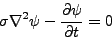 \begin{displaymath}
\nabla^2 \psi -{1\over c^2}{\partial^2 \psi\over \partial t^2}=0
\end{displaymath}